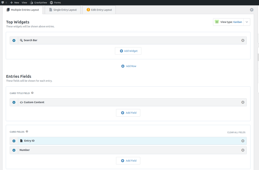 Screenshot of GravityView editor showing Kanban View setup with card title and card fields.
