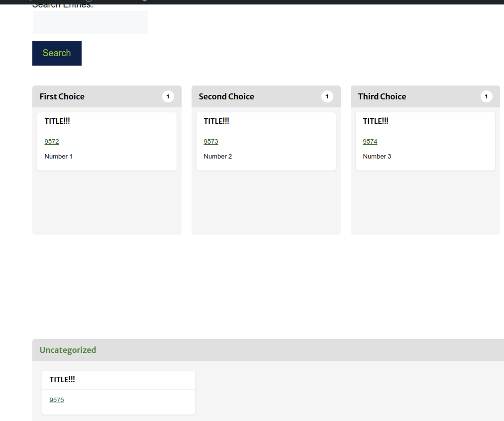Front-end Kanban View in GravityView showing entries displayed as draggable cards in columns.