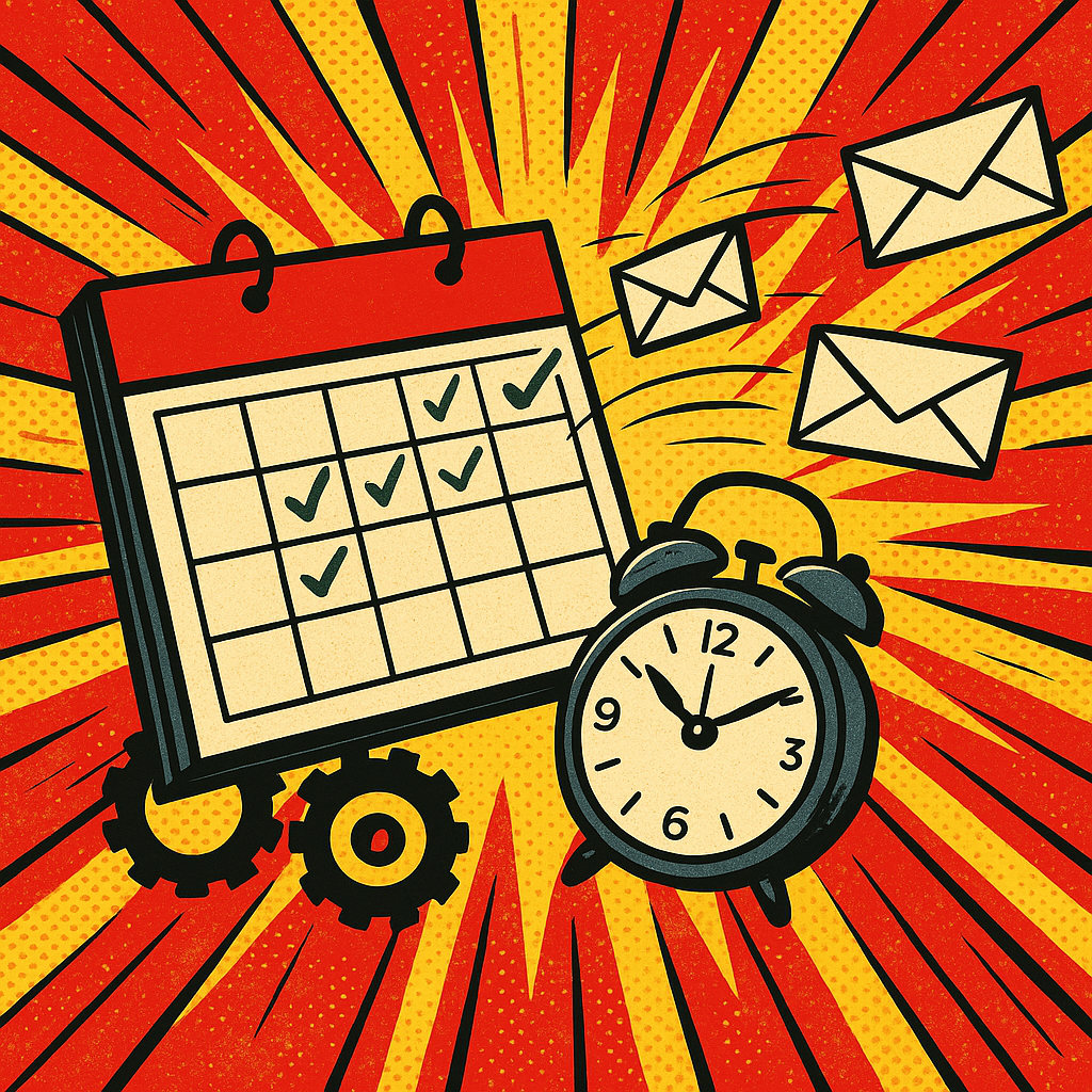 comic image of emails sending on scheduled dates